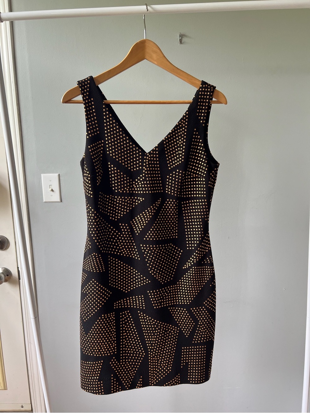 Black and V Bronze Studded V-Neck Sheath Dress